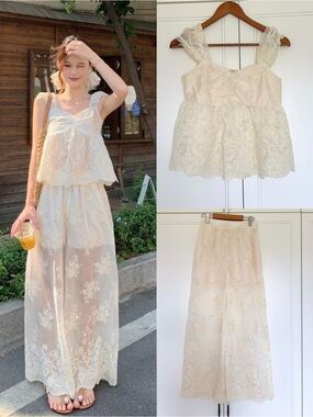 DAZY Embroidered Lace Cami Top & Wide Leg Pants Set